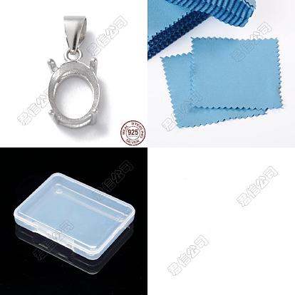 Rhodium plaqué rack placage 925 pendentif en argent sterling cabochon montures, Paramètres du cadre à broches 4, ovale, avec tampon et tissu en daim carré pour polir l'argent