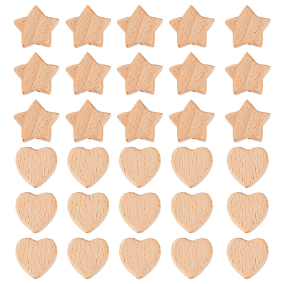30шт 2 стили деревянные бусины, неокрашенными, форма звезды и сердца
