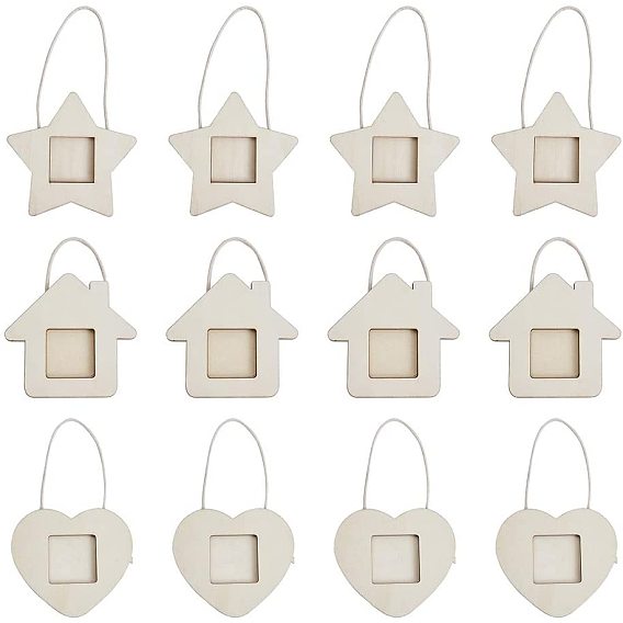 Wood Pendants, Photo Frame Theme, Undyed, House, Star, Heart