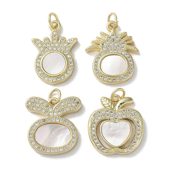 Brass Micro Pave Cubic Zirconia Pendants, Cadmium Free & Lead Free, with Shell, Real 18K Gold Plated