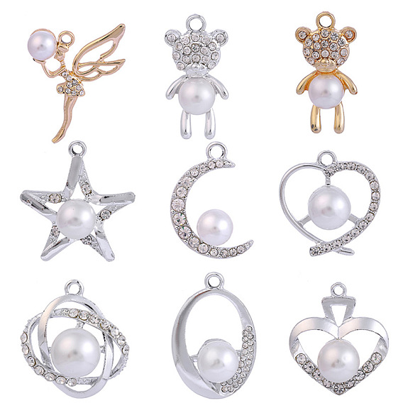 Подвески из сплава и страза, с пластиковой имитационной жемчужиной, платина