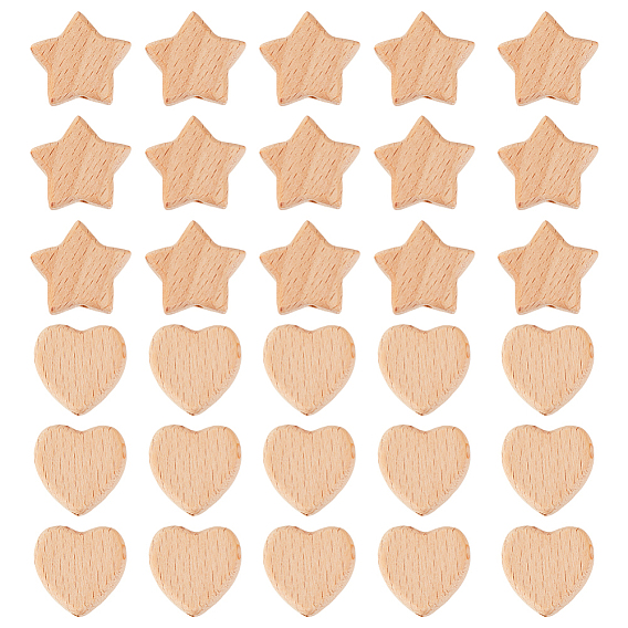 30шт 2 стили деревянные бусины, неокрашенными, форма звезды и сердца