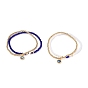 Stretch Bracelets Sets, with Round Brass Beads, Glass Beads, Evil Eye Lampwork Beads and Brass Micro Pave Cubic Zirconia Charms, Golden