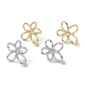 Brass Cubic Zirconia Stud Earrings Findings, with Loop, Flower