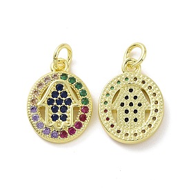 Brass Micro Pave Cubic Zirconia Pendants, Real 18K Gold Plated, with Jump Ring, Oval & Hamsa Hand/Hand of Fatima/Hand of Miriam Charms