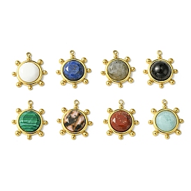 Ion Plating(IP) 304 Stainless Steel Pave Faceted Gemstone Pendants, Granulated Flat Round Charms, Real 14K Gold Plated