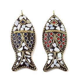 Pendentifs artisanaux en pâte polymère d'Indonésie, avec résine, laiton non plaqué et coquille, charmes de poissons
