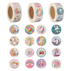 6 Rolls 3 Style Flat Round Unicorn Pattern Tag Stickers, Self-Adhesive Paper Gift Tag Stickers, for Party Decorative Presents