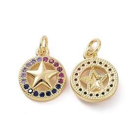 Brass Micro Pave Cubic Zirconia Charm, with Jump Rings, Flat Round with Star Charm, Pentagram Charm
