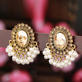 Овальные серьги-люстры из сплава со стразами, с пластиковой жемчужины, золотые