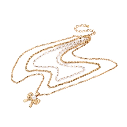 Ожерелья из сплава и пластика 3 из слоев жемчуга, ожерелья с подвесками в виде банта для женщин