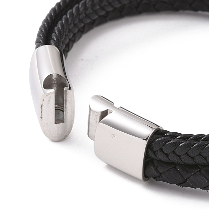 Black Microfiber Braided Cord Triple-strand Bracelet with 304 Stainless Steel Magnetic Clasps, Column Beaded Punk Wristband for Men Women