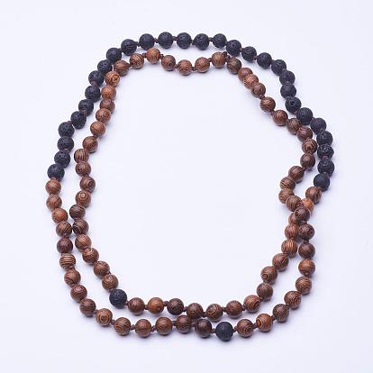 Wood Beaded Two Tiered Necklaces, Double Layer Necklaces, with Natural Lava Rock Beads