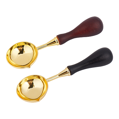 2Pcs 2 Styles Brass Handle Wax Sealing Stamp Melting Spoon, with Wood Handle, for Wax Seal Stamp Melting Spoon Wedding Invitations Making, Golden