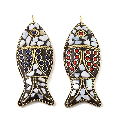 Pendentifs artisanaux en pâte polymère d'Indonésie, avec résine, laiton non plaqué et coquille, charmes de poissons