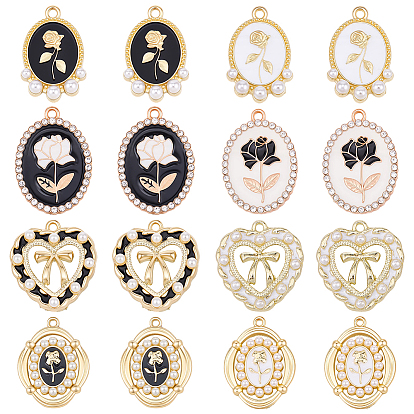 16Pcs 8 Styles Alloy Enamel Pendants, with Plastic Beads/Rhinestone