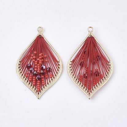 Polyester Thread Woven Big Pendants, with Glass and Golden Plated Alloy Findings, Long-Lasting Plated, Leaf