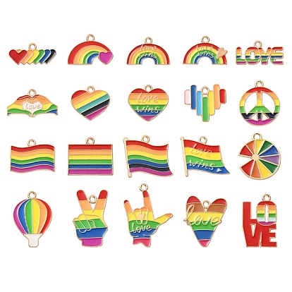 20Pcs 20 Style Pride Rainbow Color Alloy Enamel Pendants, Mixed Shapes, Light Gold