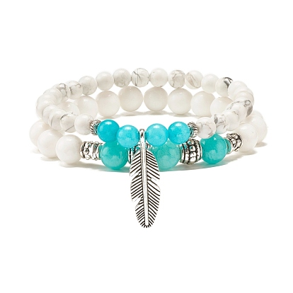 2Pcs 2 Style Natural Stone Round Beaded Stretch Bracelets Set with Feather Charm for Women