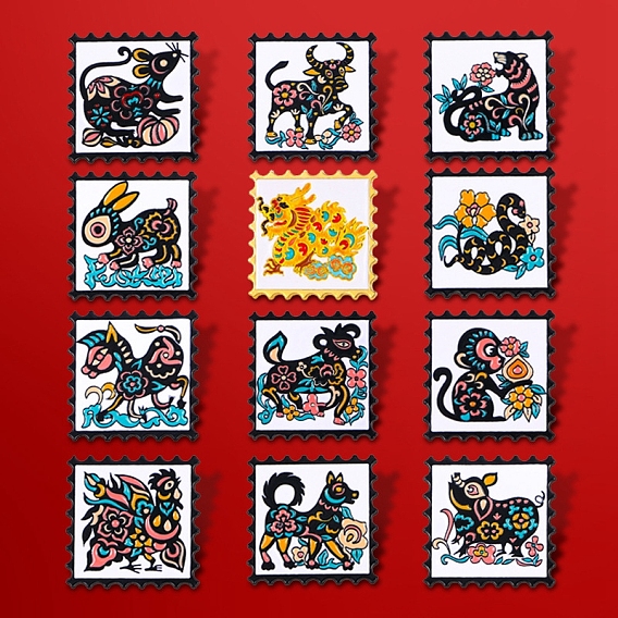 Chinese Style Alloy Enamel Pins, Square Stamp Brooch, Zodiac Sign Badge for Clothes Backpack
