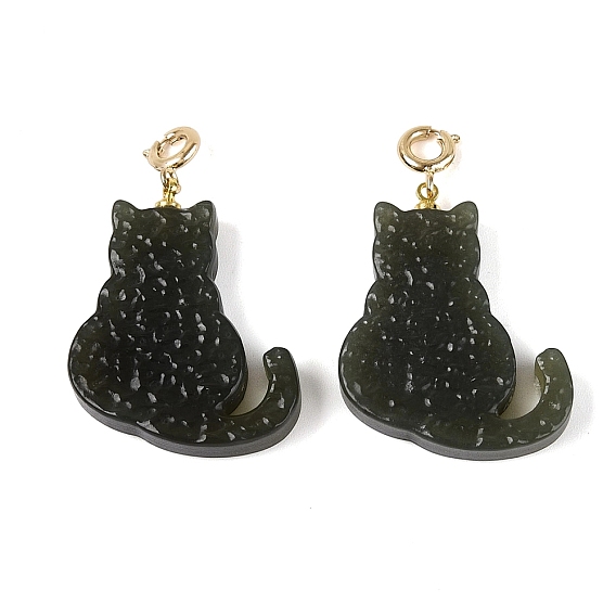 Natural Hetian Jade Cat Shape Pendant Decorations, with Brass Spring Ring Clasps, Golden