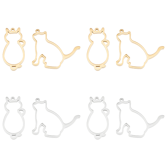 8Pcs 2 Style 2 Colors 304 Stainless Steel Open Back Bezel Pendants, For DIY UV Resin, Epoxy Resin, Pressed Flower Jewelry, Cat Shape