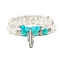 2Pcs 2 Style Natural Stone Round Beaded Stretch Bracelets Set with Feather Charm for Women