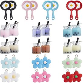 Pendants Set, with Flower Resin Pendants & Bubble Tea/Milk Tea Glass Bottle Pendants & Pan with Fried Egg/Poached Egg Alloy Enamel Pendants