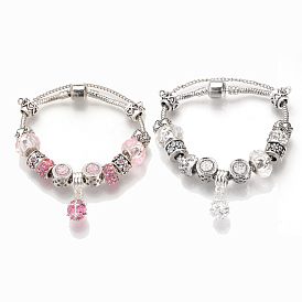 European Bracelets, with Tibetan Style Alloy Rhinestone Beads, RResin Beads, Brass Chains and Safety Chains, Antique Silver, Round