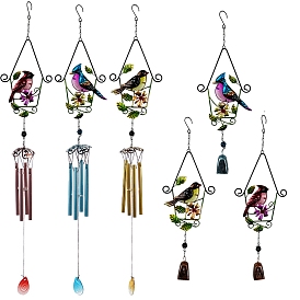 Iron Art Bird House Wind Chime, with Aluminum Tube & Bell, for Patio Balcony Garden Decoration