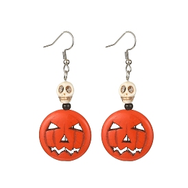 Synthetic Turquoise Pumpkin & Skull Dangle Earrings, 316 Surgical Stainless Steel Jewelry for Halloween