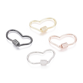 Brass Micro Pave Clear Cubic Zirconia Screw Carabiner Lock Charms, for Necklaces Making, Heart