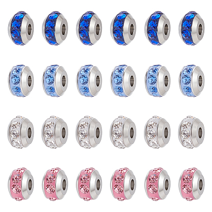 24 шт. 4 цвета 304 бусины из нержавеющей стали и полимерной глины со стразами, рондель, цвет нержавеющей стали