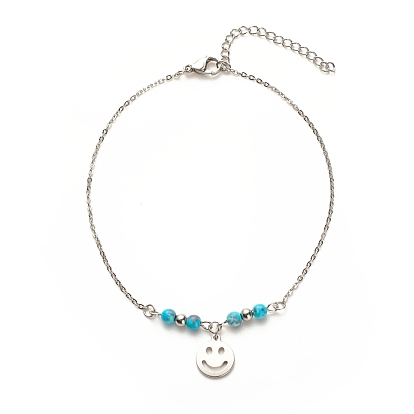 304 Stainless Steel Smiling Face Charm Anklet with Round Natural White Jade Beads for Women