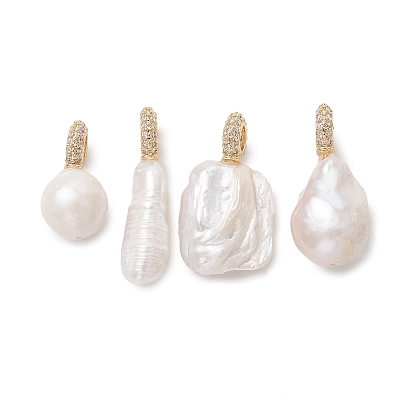 Подвески из натурального барочного жемчуга кеши, Овальные прямоугольные подвески в форме капли с микропаве из прозрачных кубических цирконий., золотые, цветочный белый