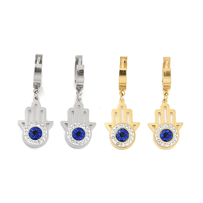Hamsa Hand with Evil Eye 304 Stainless Steel Dangle Earrings, Glass and Rhinestone Hoop Earrings for Women