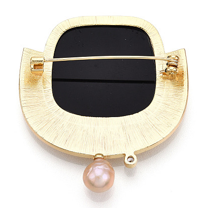 Natural Paua Shell Fan Brooches with Natural Baroque Pearl, Brass Pacve Cubic Zirconia Pins