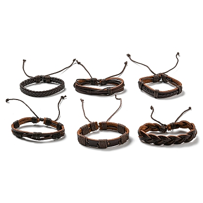 6Pcs 6 Style Adjustable Braided Imitation Leather Cord Bracelet Sets, Waxed Cord & Hemp Cords Stackable Bracelets for Men