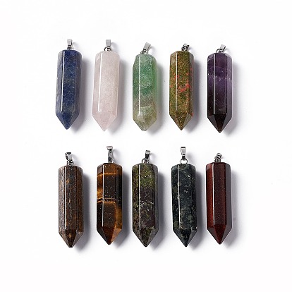 Natural & Synthetic Gemstone Double Terminated Pointed Pendants, with Platinum Tone Brass Findings, Bullet