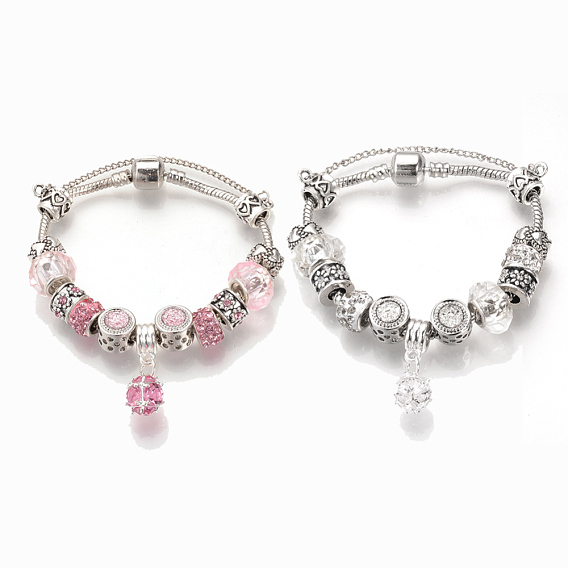 Europäische Armbänder, mit tibetischen Stil Legierung Strass Perlen, Resin-Perlen, Messingketten und Sicherheitsketten, Antik Silber Farbe, Runde