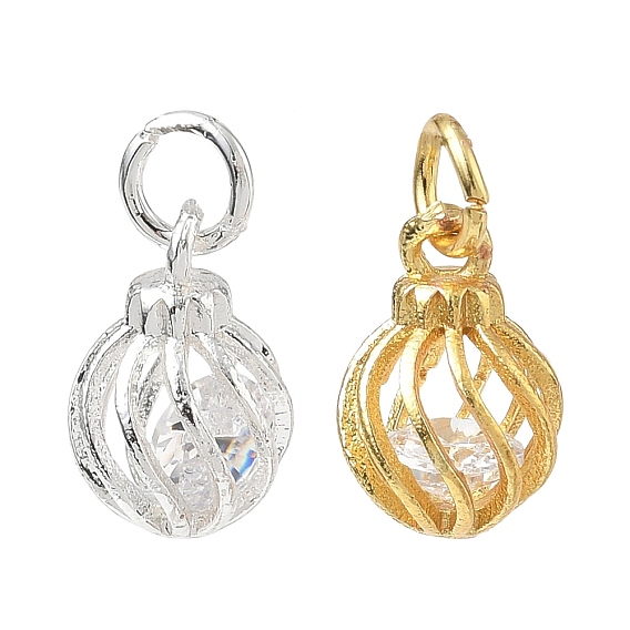 Brass Micro Pave Clear Cubic Zirconia Charms, Spiral Lantern Charms, Rack Plating, Long-Lasting Plated
