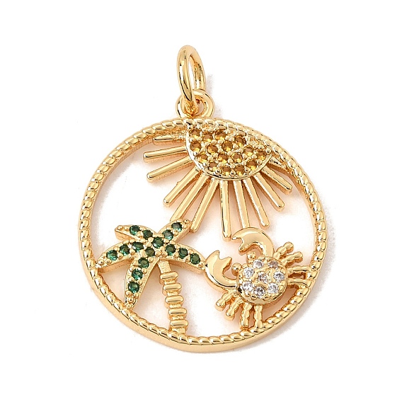 Brass Micro Pave Green Cubic Zirconia Pendants, Round with Crab & Tree & Sun Charms, Cadmium Free & Lead Free & Nickel Free
