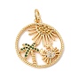 Brass Micro Pave Green Cubic Zirconia Pendants, Round with Crab & Tree & Sun Charms, Cadmium Free & Lead Free & Nickel Free