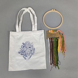 DIY Canvas Bag Embroidery Kits, Including Embroidery Thread & Needles, Plastic Embroidery Hoop