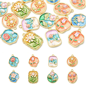 16Pcs 8 Styles Rack Plating Alloy Enamel and ABS Imitation Pearl Pendants, Flower Charms, Cadmium Free & Nickel Free & Lead Free, Golden