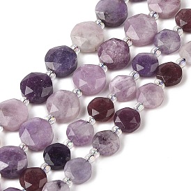 Natural Lilac Jade/Lepidolite Beads Strands, with Seed Beads, Faceted Hexagonal Cut, Flat Round