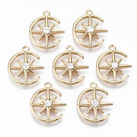 Brass Micro Pave Cubic Zirconia Pendants, Light Gold, Long-Lasting Plated, Cadmium Free & Lead Free, Moon & Star