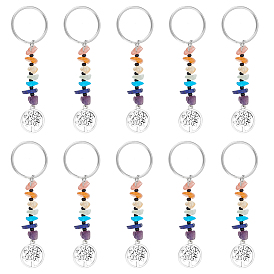 16шт 7 Чакра натуральные и синтетические драгоценные камни брелки, с подвесками из сплава и 304 результатами из нержавеющей стали, плоские круглые с дерева жизни