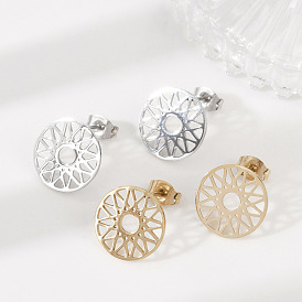 304 серьги-гвоздики из нержавеющей стали для женщин, плоские круглые с цветком, ионное покрытие (ip)