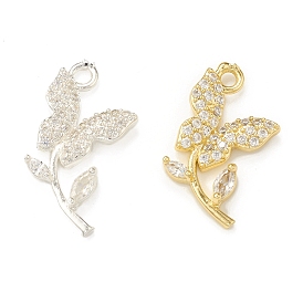 Brass Micro Pave Cubic Zirconia Charms, Butterfly with Leaf Charm